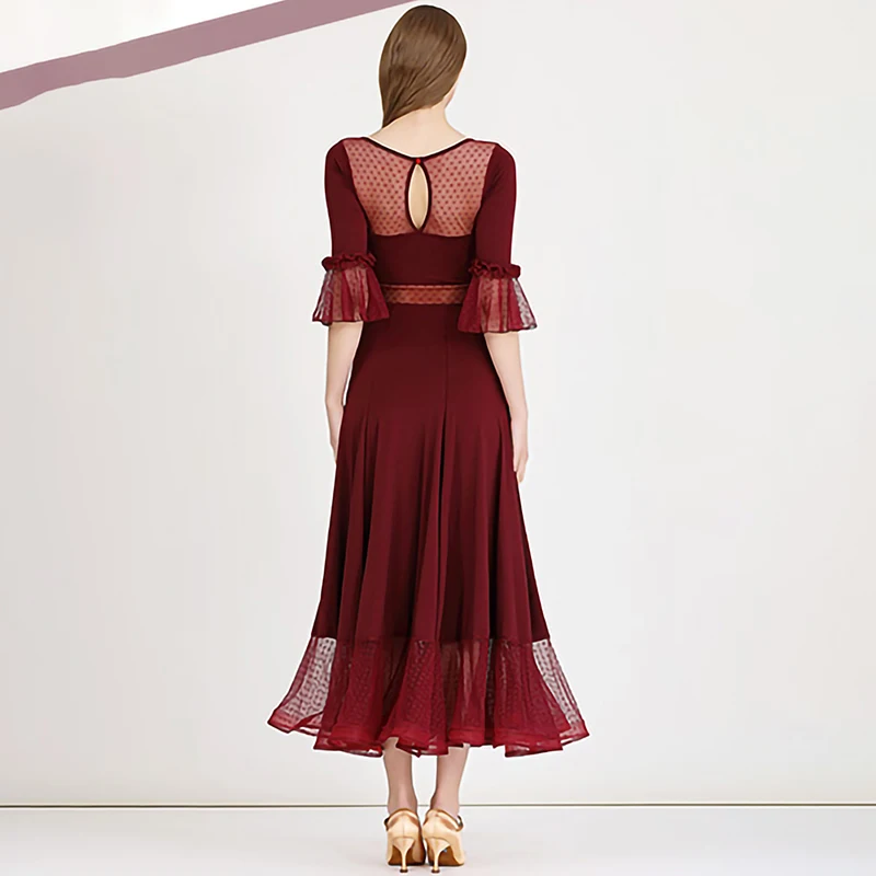 Ballroom Dance Ballroom Dance Dress Standard Wine Red Black Elegant Middle Sleeve Round Neck Competition Suit Waltz Stage Wear
