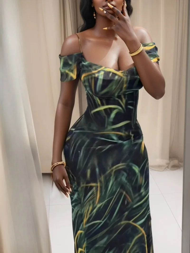 

Fashion 2025 New Summer Off Shoulder Midi Dress Sexy Sling Long Dresses for Women Printed Dress Backless Elegant Party Dresses