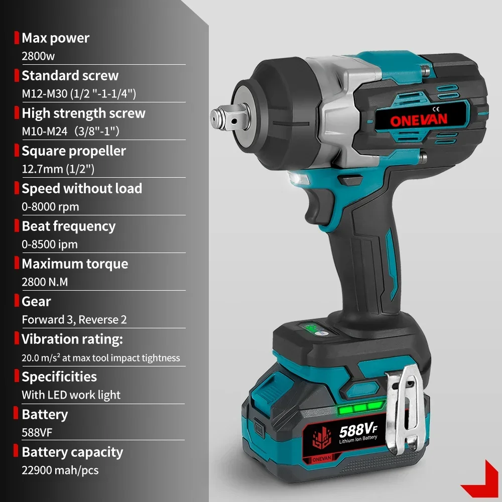 ONEVAN 2800N.M Torque Brushless Electric Impact Wrench 5 Speeds Cordless Wrench Screwdrive Power Tool  For Makita 18V Battery