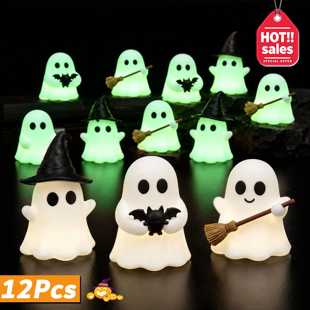 3~12Pcs Halloween Luminous Mini Ghost Statue Soft Glow in Dark Ornament Cute Spooky Table Decor Baking Topper Handcraft Holiday