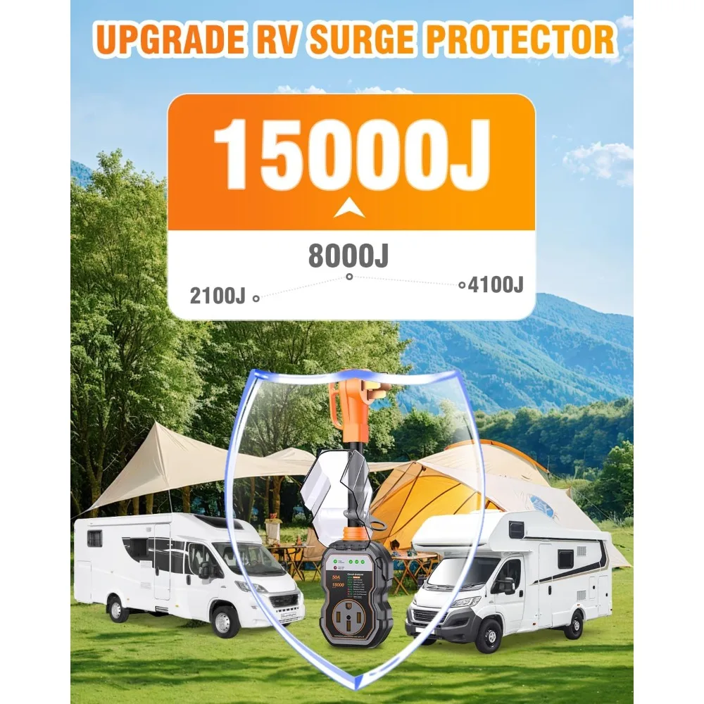 RV Surge Protectors 50 Amp, 15000 Joules RV Circuit Analyzer, IP68 Surge Voltage Protection, RV Adapter Plug for Camper (Orange)