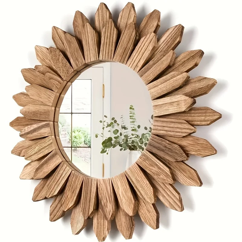 Wooden Wall-mounted Mirror Sunflower Make-up Mirror Creative Round Mirror Bohemian Style Bedroom Decorative Mirror