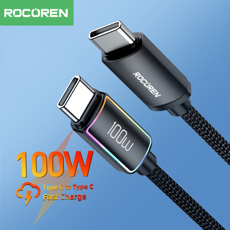 

Кабель зарядный Rocoren, 100 Вт, USB C на Type C PD, 5 А, для Samsung S23 Ultra MacBook iPad Pro