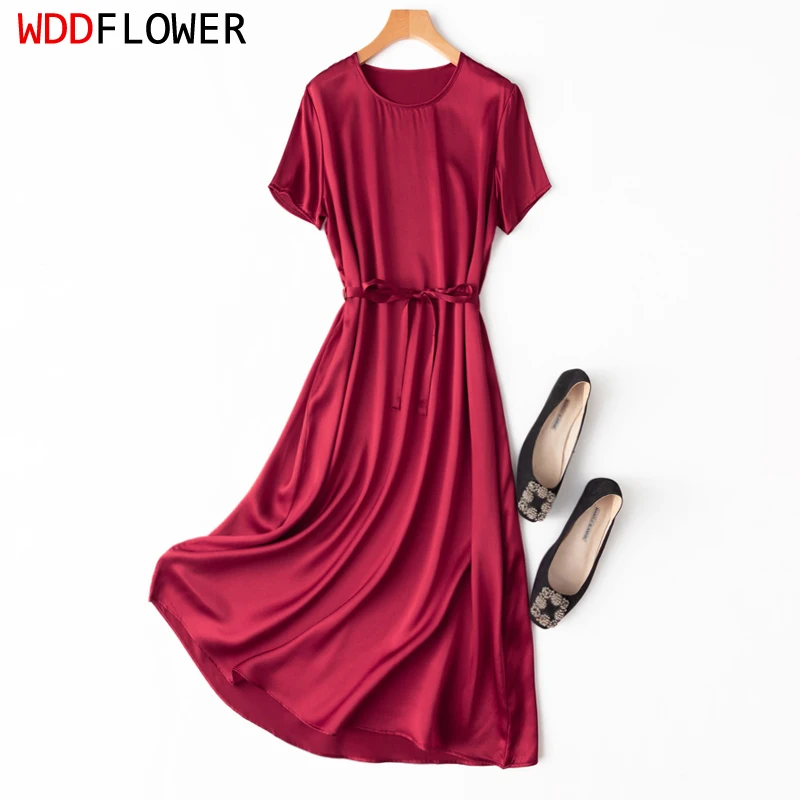 

Women Silk Dress 100% Mulberry Silk 20 Momme Crew neck short sleeve belted waist Solid Dark Red A Line Long Dress M1135