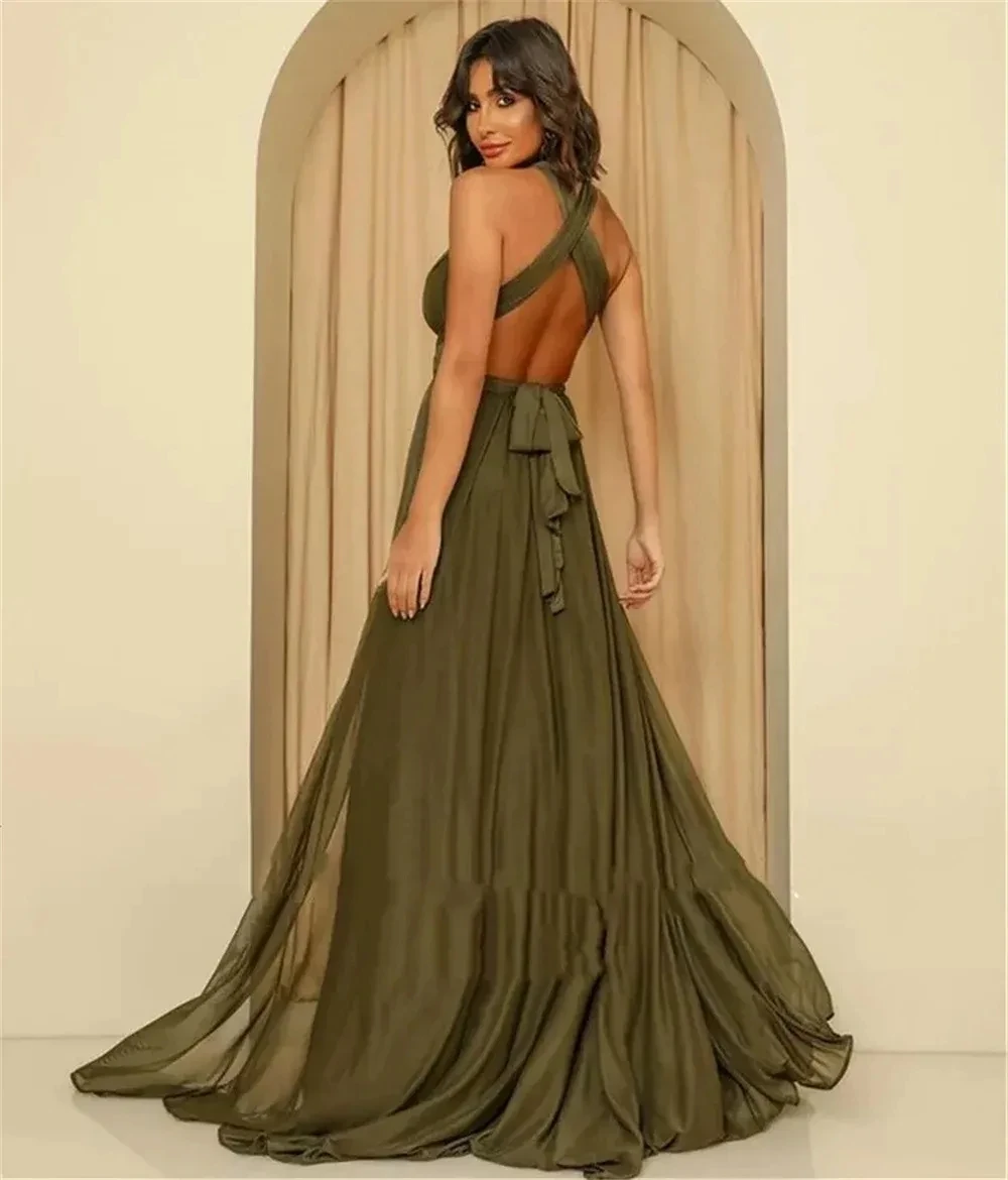 Charming Olive Green A-Line Evening Dress 2024 Sexy High Neck Sleeveless Backless Silt Women Prom Formal Gowns Vestidos De Feast