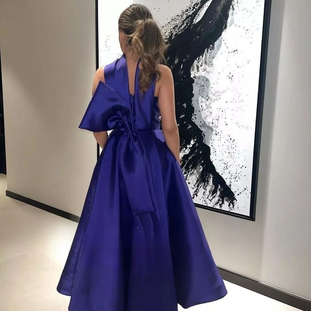 Long Prom Dresses A Line Satin Bow Formal Saudi Arabic Dubai Evening Gowns A Line Halter Special Wedding Guest Dress For Women