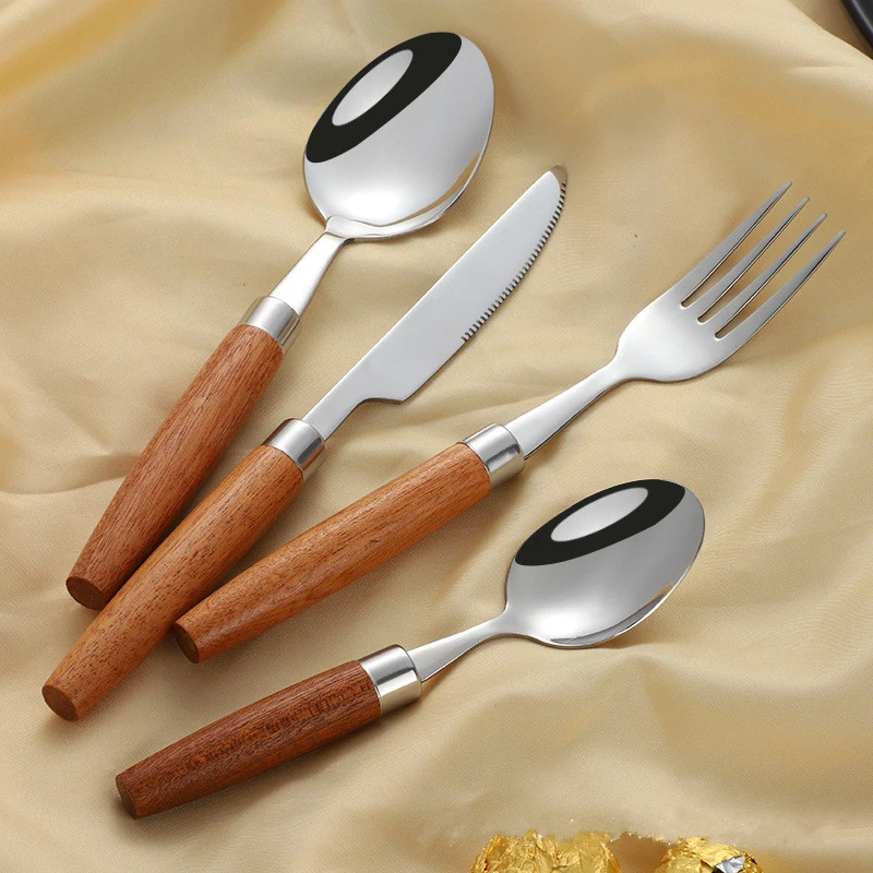 4 Pcs Cutlery Set with Wooden Handles Gold Stainless Steel Knife Fork Spoon Teaspoon Dinnerware Set Tableware Kitchen Utensils