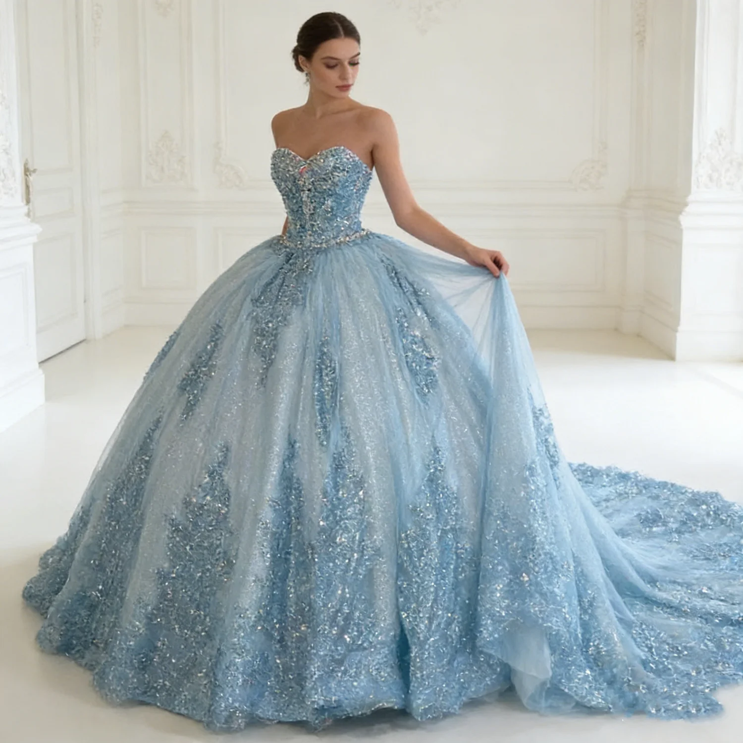 

Роскошное женское платье для дня рождения в мексиканском стиле, с кружевной аппликацией, кристаллами, корсетом, пышной юбкой и шлейфом, для выпускного вечера/Кинсеаньеры, на заказ