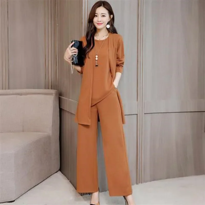 Women's Fashion Suit 2025 Spring Summer New Casual Plus Size Clothing Wide Leg Pants Crop Top And Coat Three Piece Set For Women