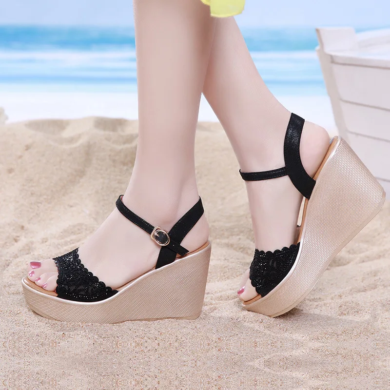 High quality summer wedge sandals for women 9cm high heel new 2024 size 32 33 42 43 platform open toe elegant shoe black gold