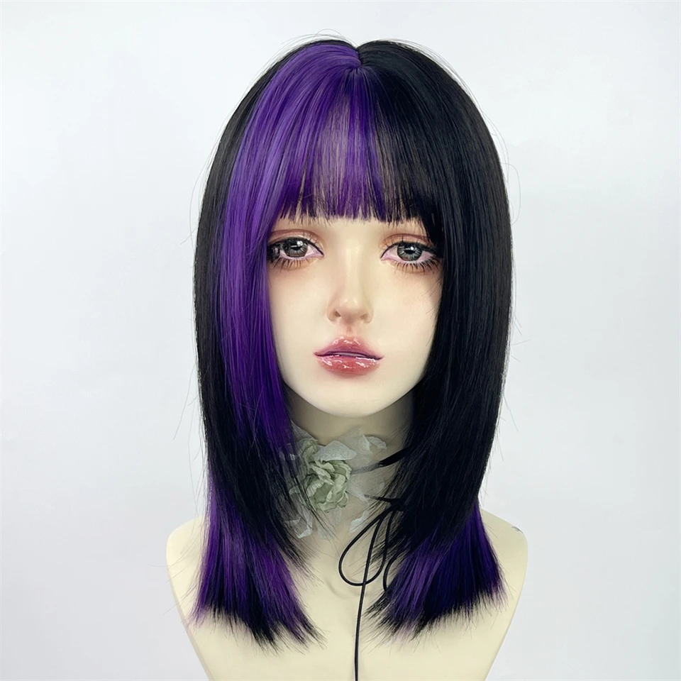 Yelowtim perruques synthétiques pour femmes longues perruques droites naturelles noir violet avec frange plate perruque colorée résistante à la chaleur de fête LM