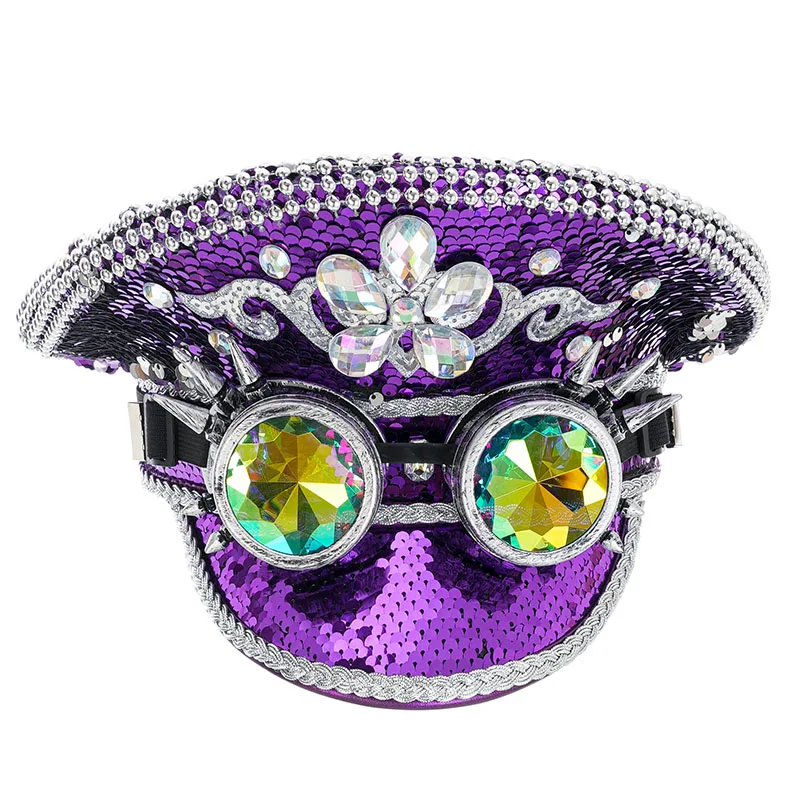Purple Sequined & Rhinestones Stage Party Club Gothic Military Hat Steampunk Accessories Handmade Cosplay Luxury Hats For Women