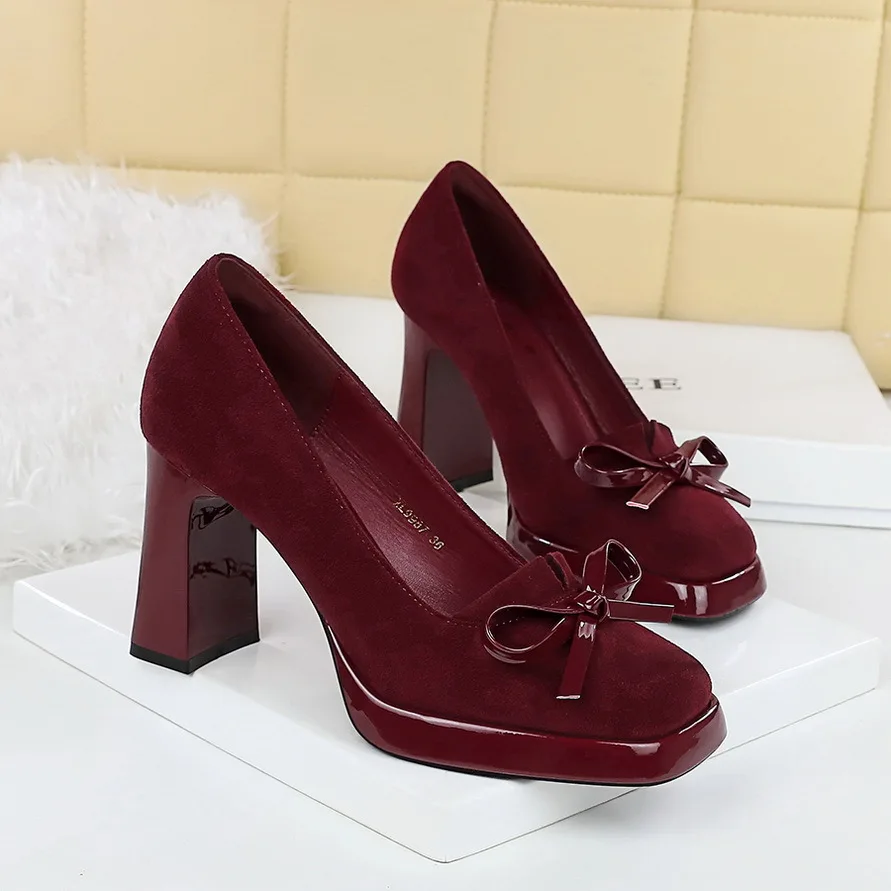 

Korean version square toe high heels with suede bow decoration women's shoes shallow mouth super high heels single shoes
