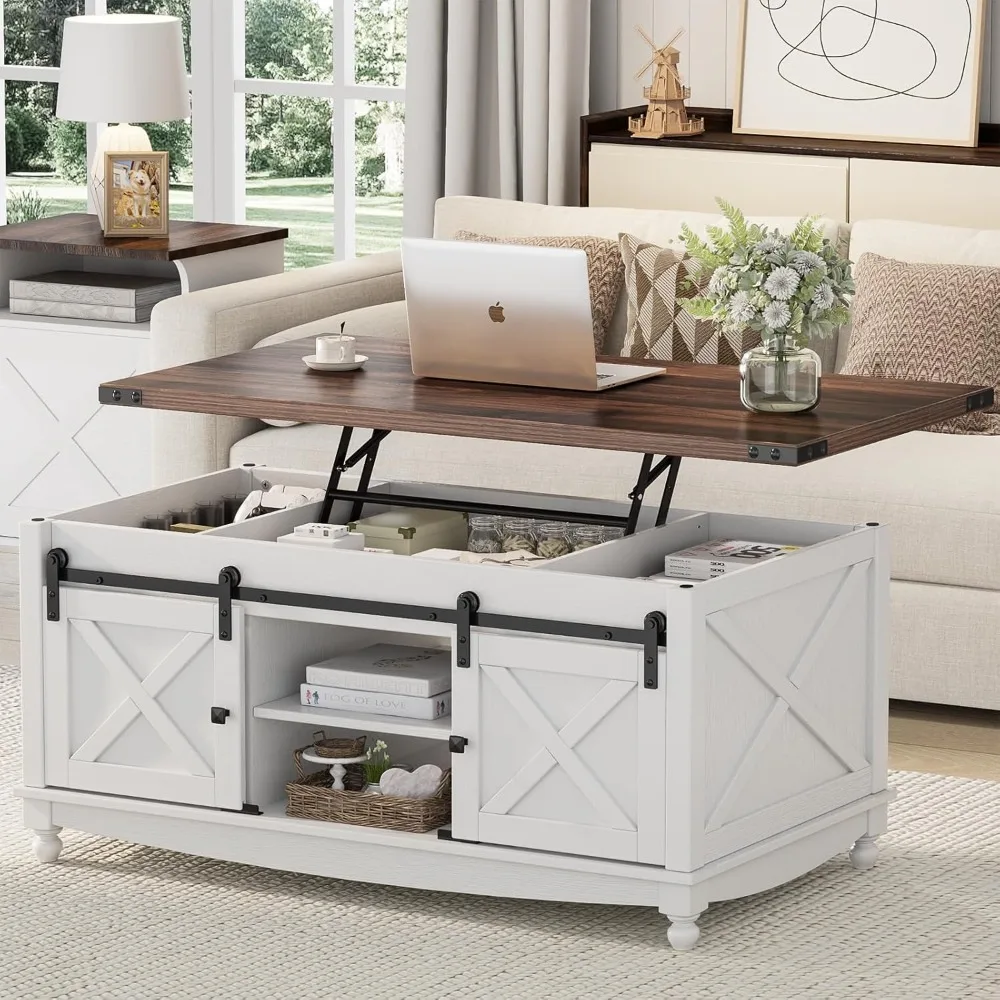 

Farmhouse Lift Top Coffee Table with Storage Sliding Barn Door & Large Hidden Compartment with Wooden Lift Tabletop, Storage