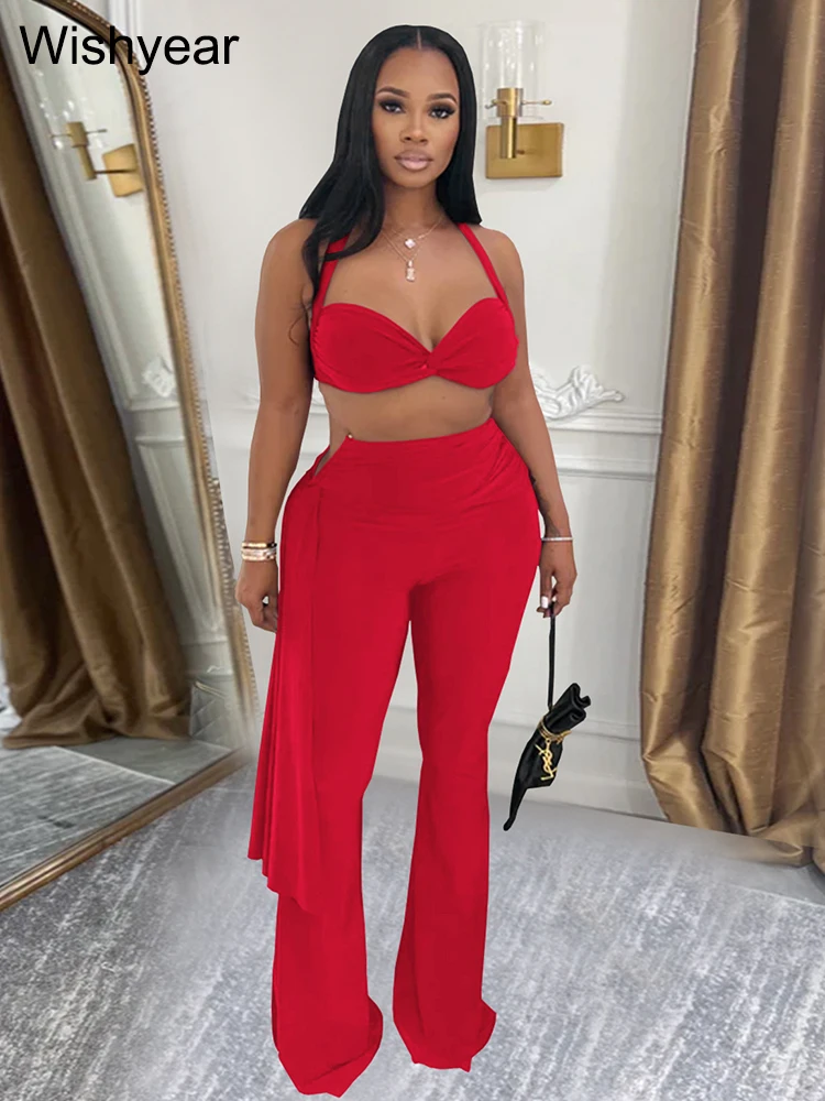 Wishyear Sexy Night Club 2 Piece Pants Set Women Halter Backless Knot Camisole and Flare Trousers Vacation Beach Party Outfits