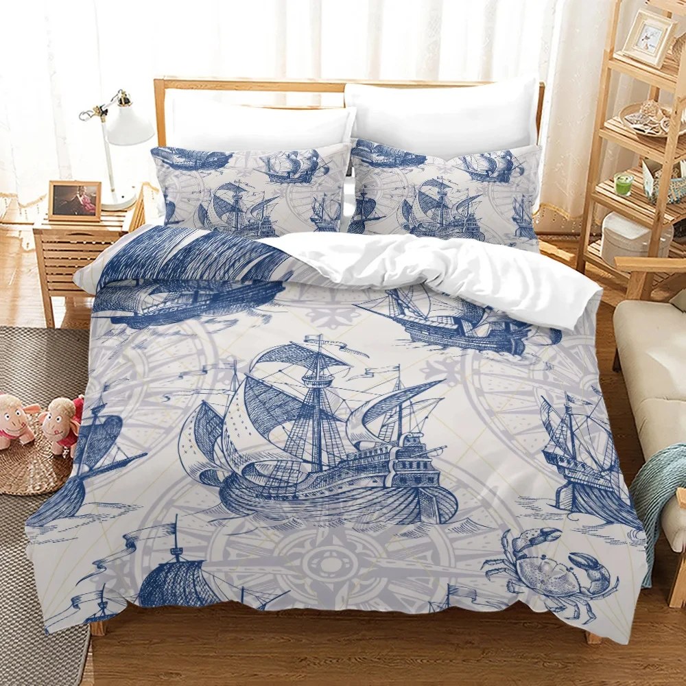 Nautical Pirate Duvet Cover Set Sailboat Theme Bedding Set Palm Tree Island Treasure Hawaiian Beach Cartoon Comforter Cover Full