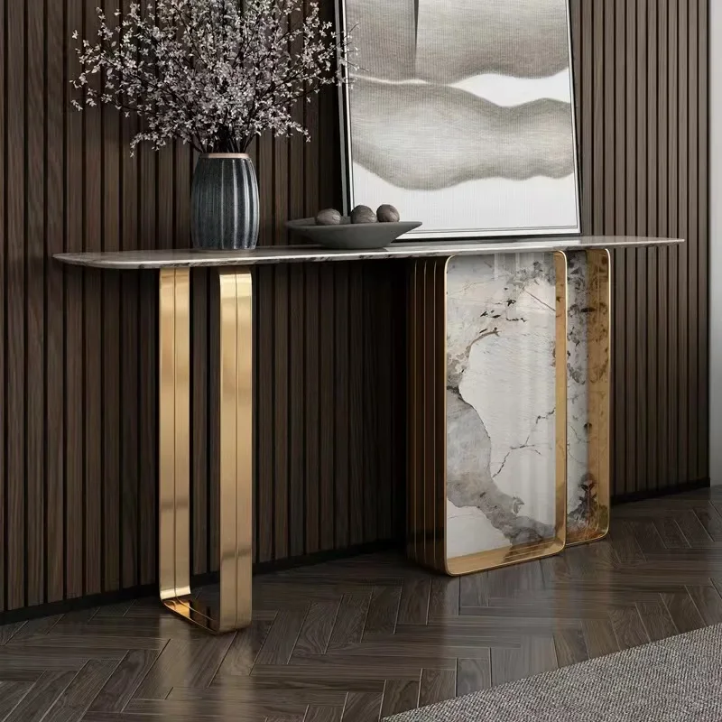Light luxury marble entrance table Modern simple rock slab end view table Against the wall Stainless steel entrance table
