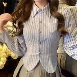 Women Shirt 2023 Autumn Striped Slim Polo Neck Shirts Solid Color Fashion Single Breasted Fashion Streetwear Simple Female Shirt