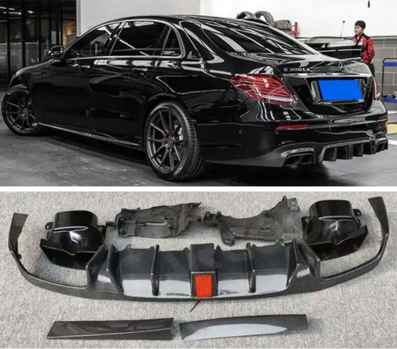 

Rear Bumper Diffuser & Exhaust Tail Tips For Benz W213 E63 E200 E260 E300 AMG 2016-2020 Trunk Door Lip Spoiler Carbon Fiber