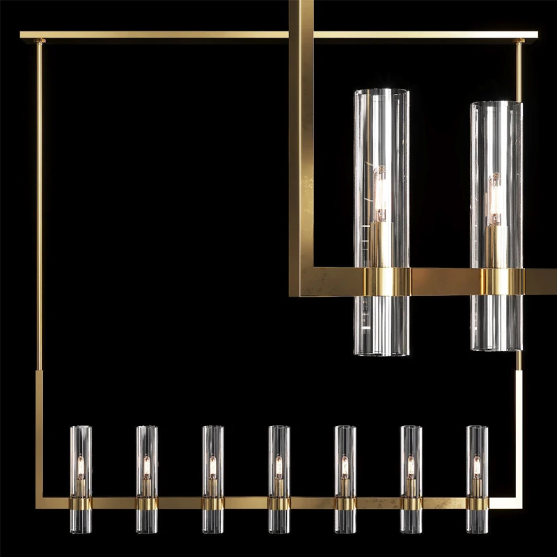 Long Design Simple Golden Luxury Metal Decorative Chandelier Villa Restaurant Rectangular Ceiling Glass Hanging Pendant Light