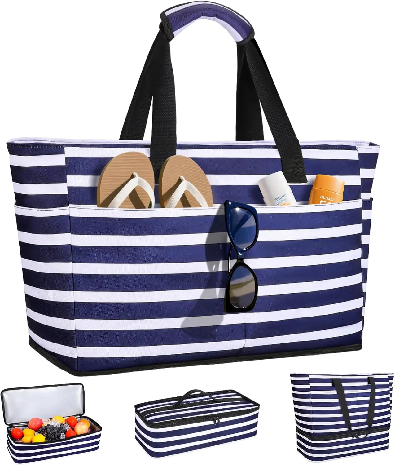 Beach Bag with Cooler, 49L Waterproof Sandproof Tote with Zipper, Foldable Travel Bag for Pool Picnic
