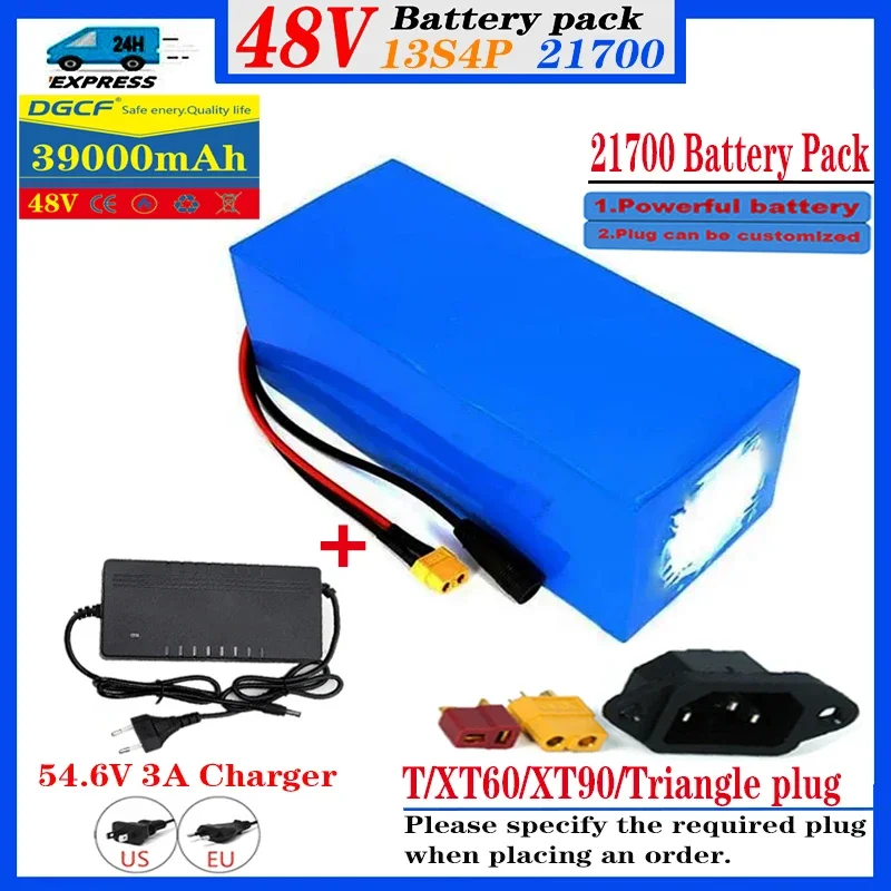 

48V 39Ah Lithium Battery Pack For 800W Electric Bicycles 13S4P 21700 Li-Ion Batteries Built-in 25A BMS With Charger