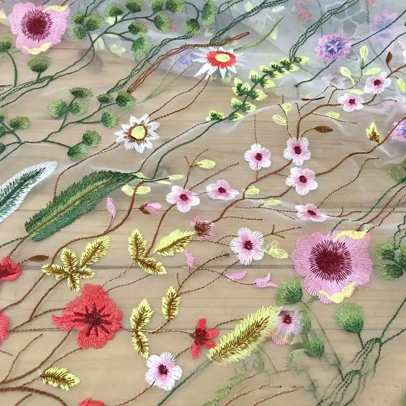 Wysokiej klasy tkaniny z siatki, klasyczny rośliny wodne i kwiaty, trójwymiarowy wielu kolorów koronkowy haft odzież tkaniny do DIY