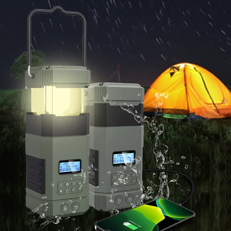 Eletree Outdoor Waterproof  Hand Crank Sos Dynamo Radio Solar Lamp Rechargeable Led Camping Lantern With Power Bank