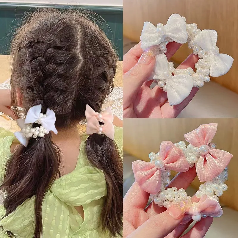 Elastic Hair Rope Flexible Ponytail Holder Crochet Pearl Bow Elastic Rubber Hair Scrunchies Band Tie Accessories for Girls Women