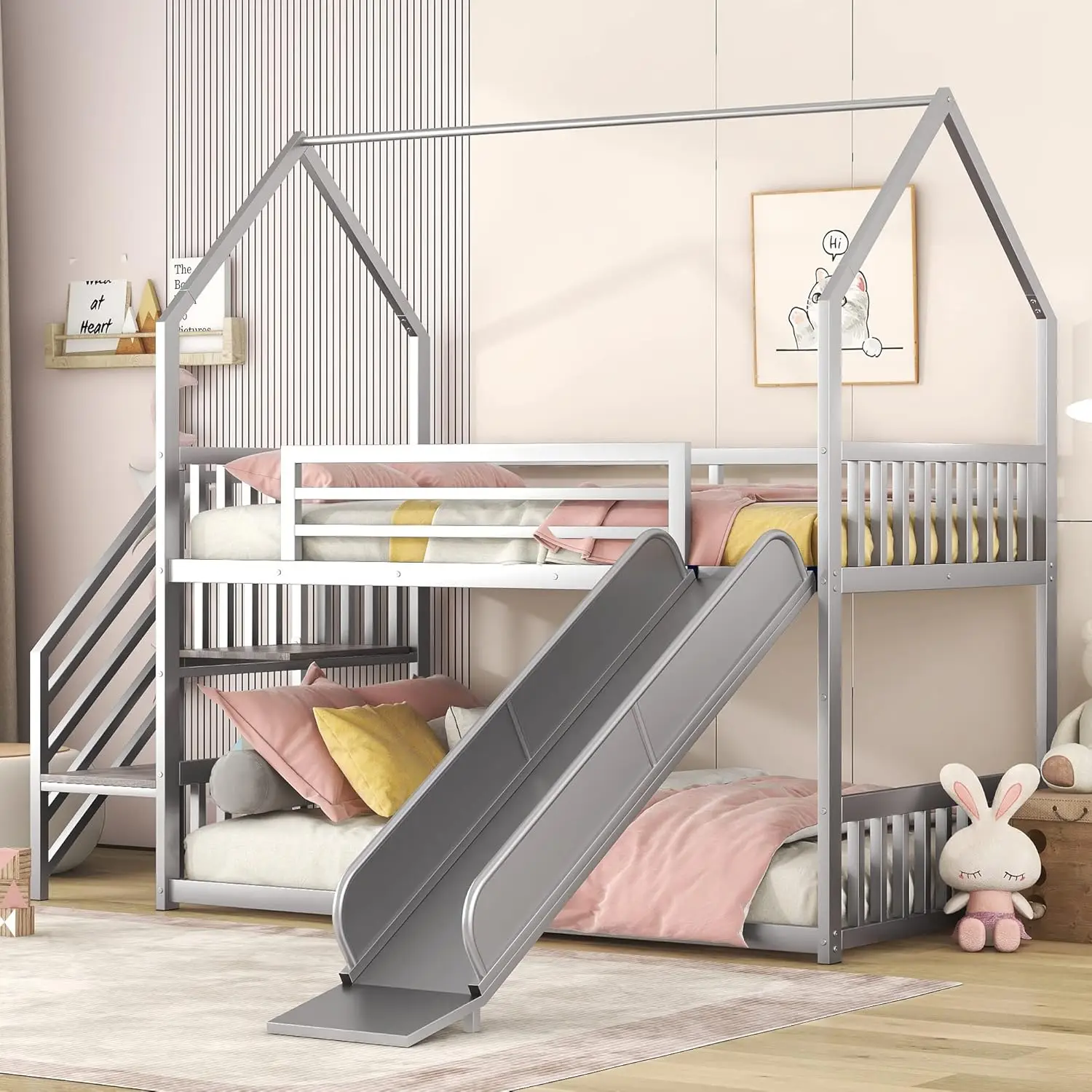 

Twin Over Twin Metal Bunk Bed House-Shape with Slide and Staircase, No Box Spring, Easy Install, Silver