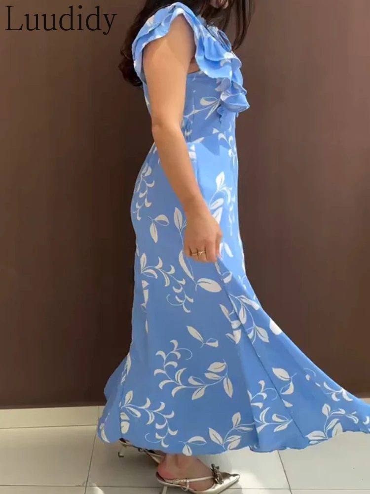 Vestido maxi com estampa floral, gravata, ombro, babados, casual, botão na cintura, franzido, linha A