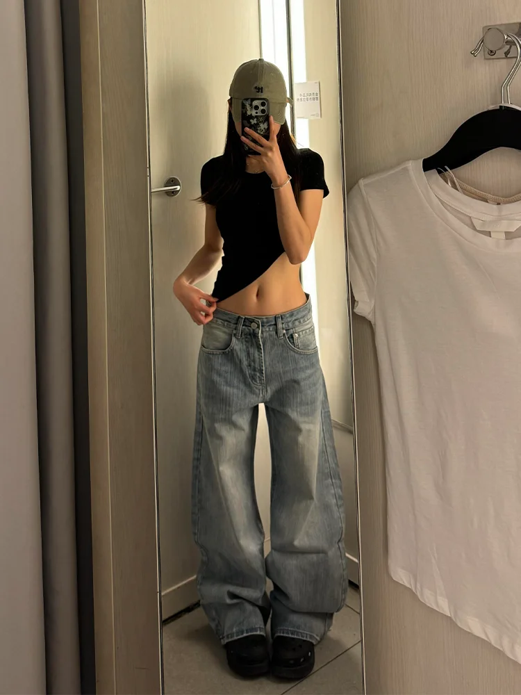 Retro Blue Denim Jeans Women's Summer Design Washed Loose Wide Leg Straight Cut Trousers Large Size Bamboo Fiber Texture