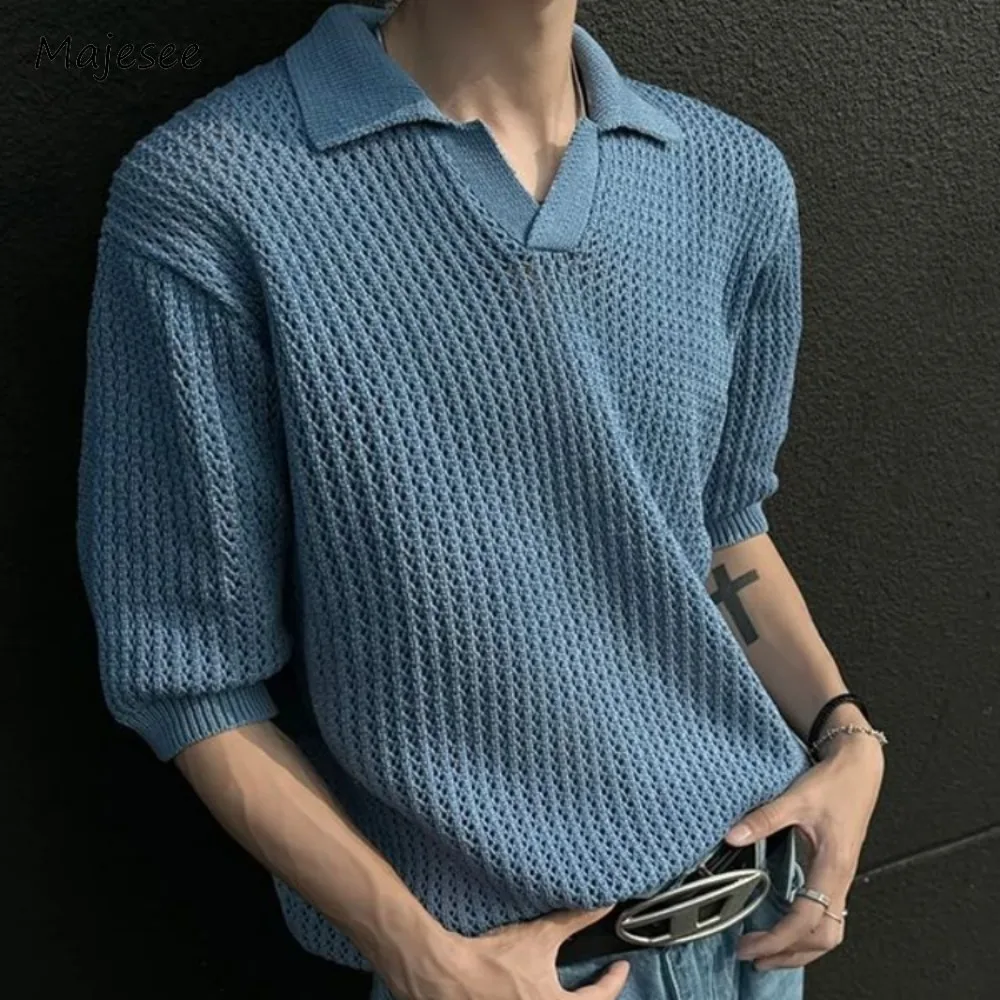 Knitted T-shirts Men Turn-down Collar Breathable Solid Half Sleeve Thin Classical Korean Style Commuting Temper Thin Fit Summer