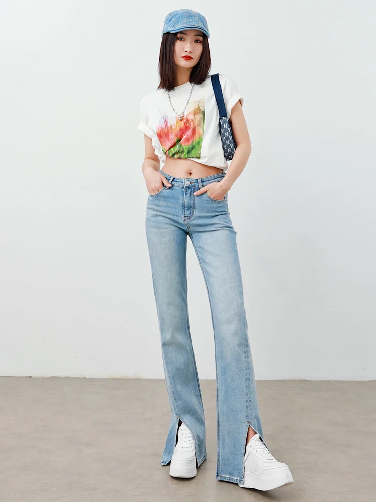 

Женские джинсы RUGOSAM с микро-клешем, средней посадкой, разрезами, высокой талией, длинные брюки, застежка на пуговицы, много карманов