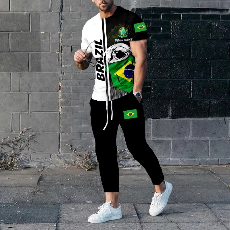 

Summer Men Tracksuit Brazilian Flag Pattern 3D Print Short Sleeve T Shirt+Long Pants 2 Piece Set Male Oversized Clothes Joogers