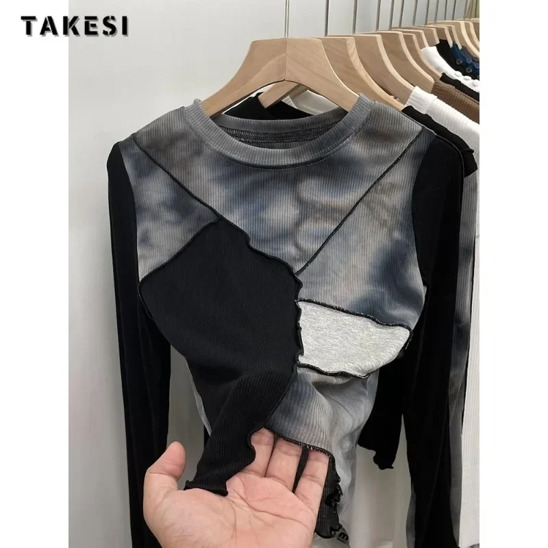 

2023 Winter Sexy Casual Patchwork Long Sleeve Round Neck T-Shirts Women's Hotsweet Club Style Fashion Sheath Gothic Tees Tops