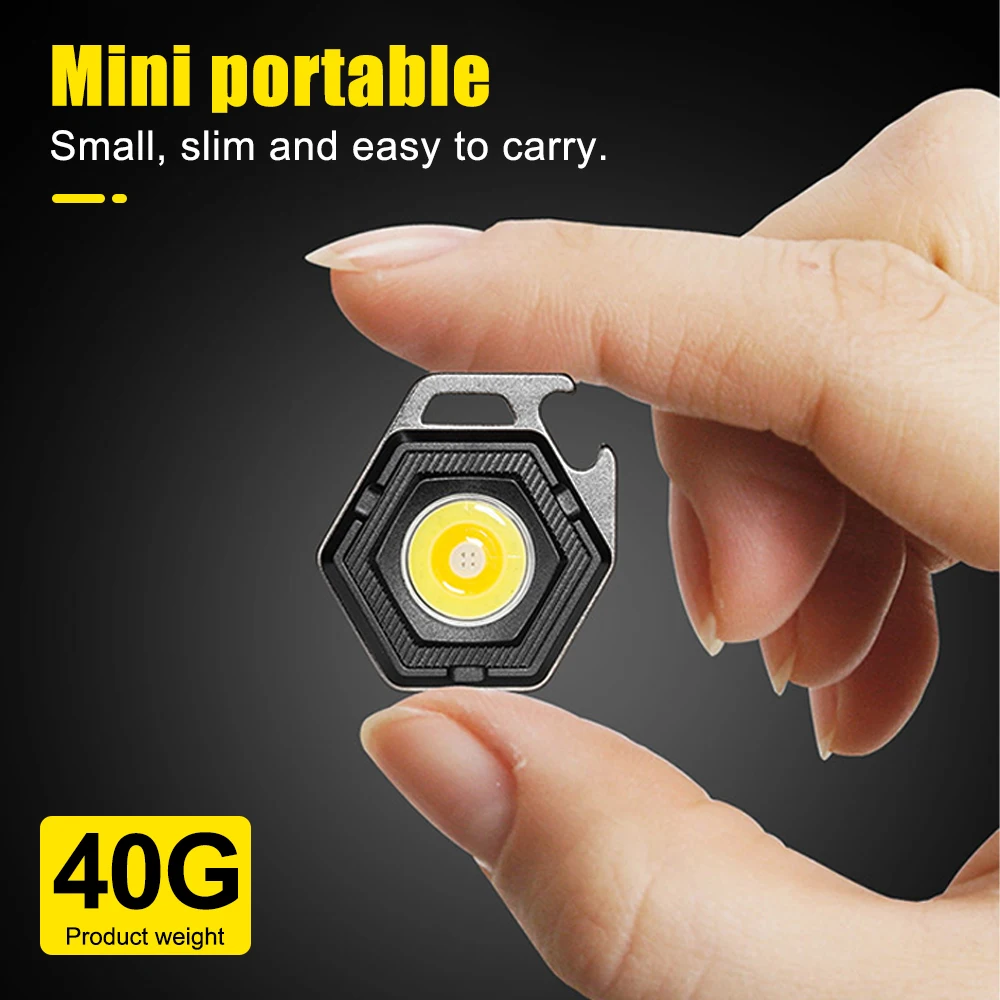 Portable LED COB Work Light Mini Keychain Flashlight Rechargeable Power Display Strong Light Camping Lantern Bottle Opener