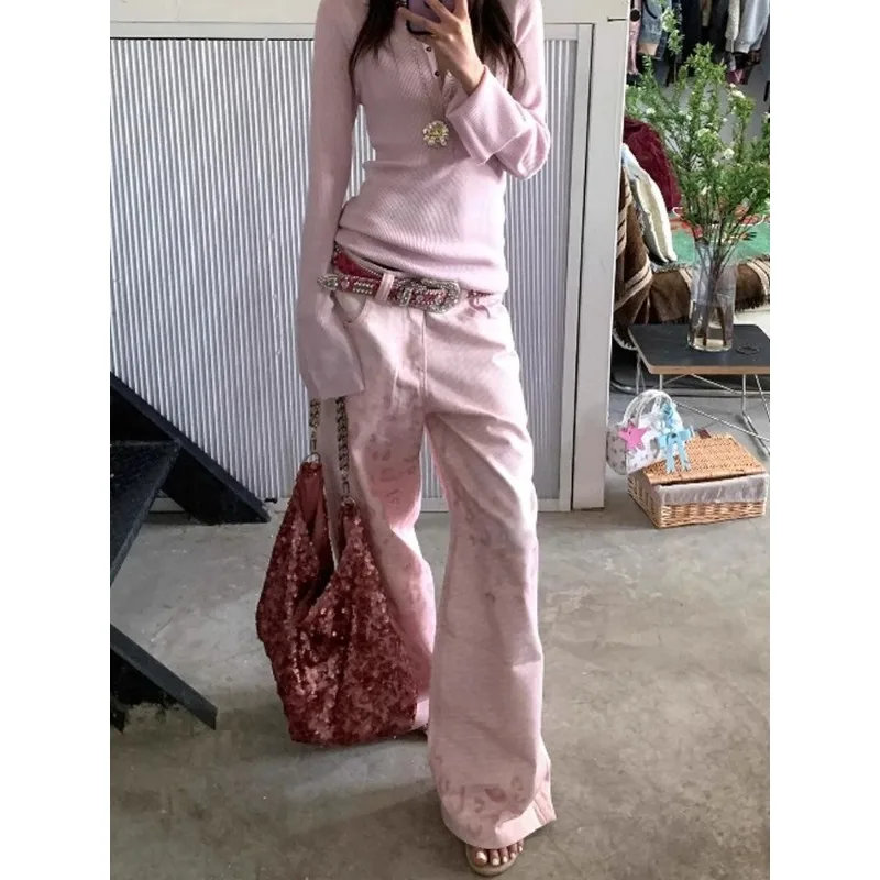 Women's Adorable Pink Vintage High Waist Wide Leg Jeans Back 2025 Summer Slimming Exclusive Type Ladies Denim Trousers