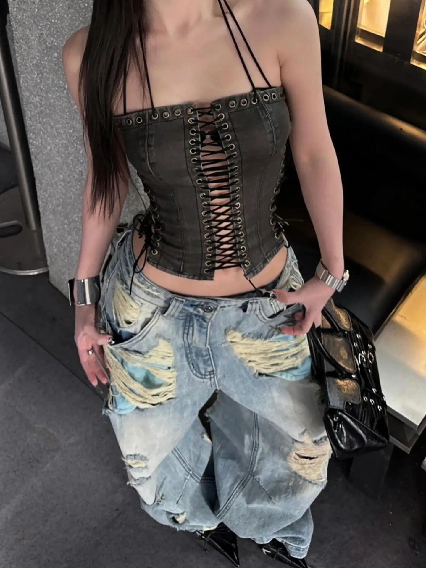 

Tall Plus Length Ripped Jeans Women American Street Style Distressed Washed Wide Leg Summer Hot Girl Fashion