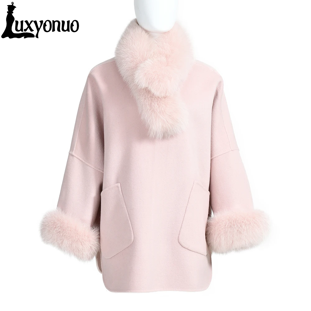 

Luxyonuo Cashmere Wool Coat Winter Jacket Women Natural Fox Fur Collar Scarf Collar Removable Loose Outerwear Streetwear New