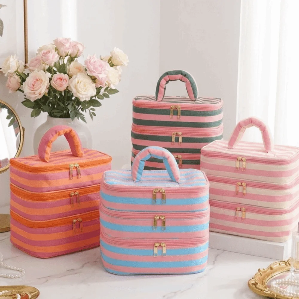 Polyester Multi-Layer Cosmetic Bag Macaron Color Waterproof Zipper Striped Toiletry Bag Handheld Large Capacity Makeup Bag