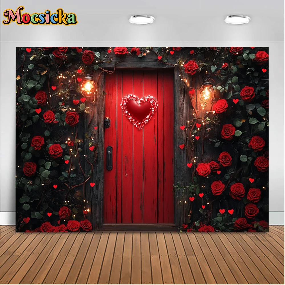 Mocsicka Valentine's Day Photography Backgrounds Red Door Roses Love Hearts Holiday Party Family Couple Photo Backdrops Studio