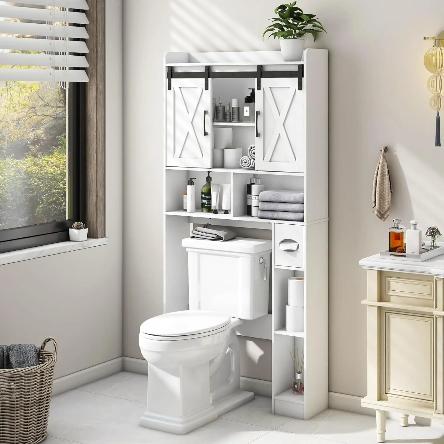 

Over The Toilet Storage Cabinet, Farmhouse Storage Cabinet Over Toilet with Sliding Doors，Home Space-Saving Toilet Rack, for Bat