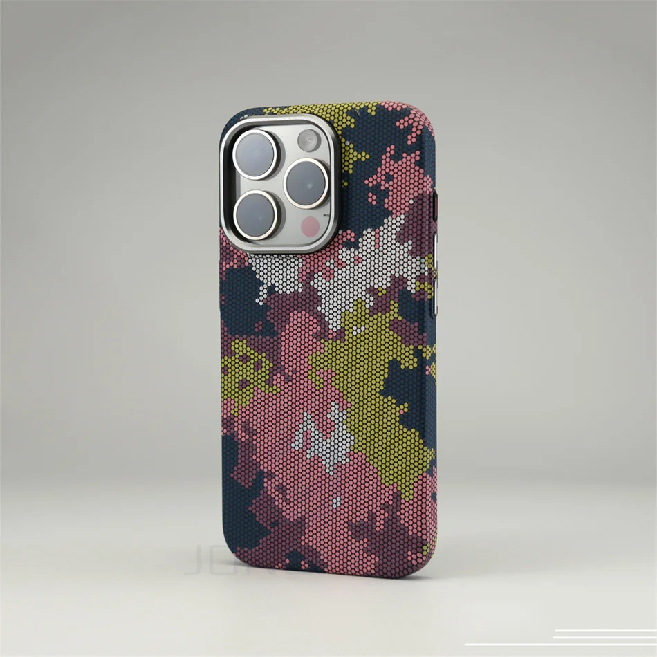 Mganetic Camouflage Carbon Fiber Pattern Case For iPhone 15 14 13 16 Pro Max Alloy Lens Hard Cover For Magsafe Wireless Charge