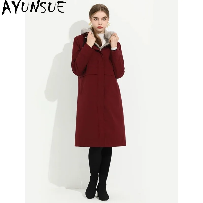 AYUNSUE Natural Whole Mink Long Coat Women Clothing Winter Jacket Female Mink Real Fur Parka Hoodie Fashion Casaco Feminino
