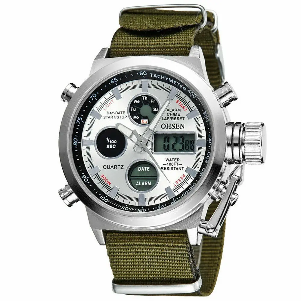 

OHSEN Men Quartz Watch LED Digital Wristwatch Army Green Nylon Strap Stopwatch