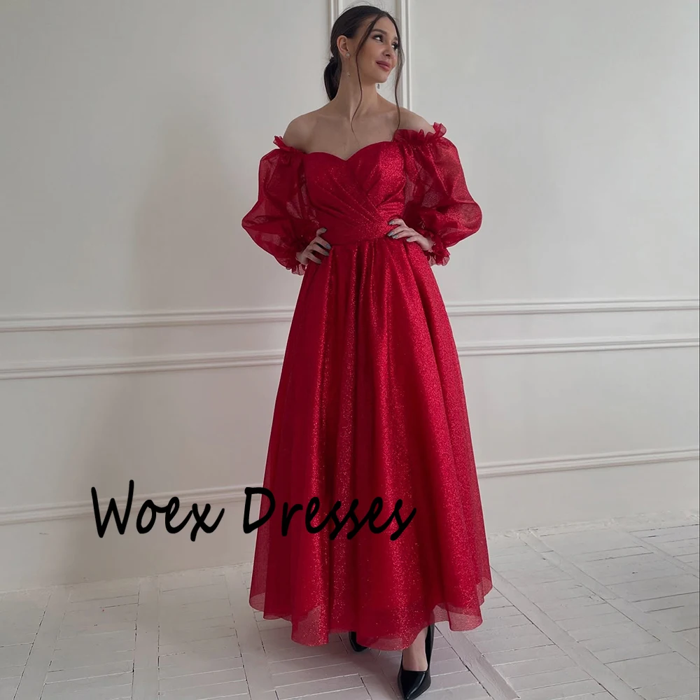 Sukienka wieczorowa z tiulu, drapowana, z odkrytymi ramionami, w kształcie litery A, z krótkimi rękawami, bez pleców, błyszcząca, do kostek, na studniówkę, szyta na miarę.