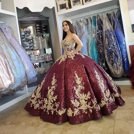 Customized Gold Lace Appliqued Quinceañera Dresses Burgundy Sequins Ball Gown Women Party Dress Vestidos De Fiesta Formal Dress