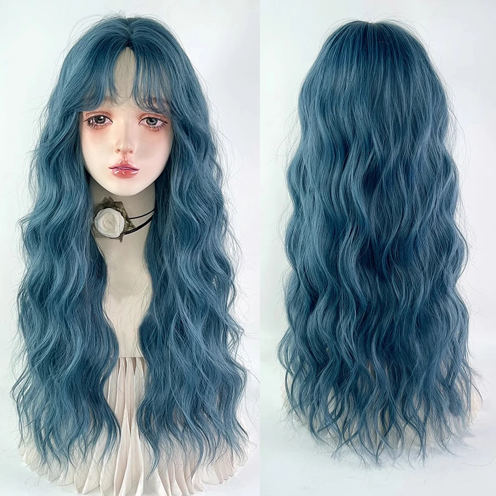 Long Wavy Blue Synthetic Wig Women Fluffy Lolita Cosplay Wig Middle Part Heat Resistant for Daily Party