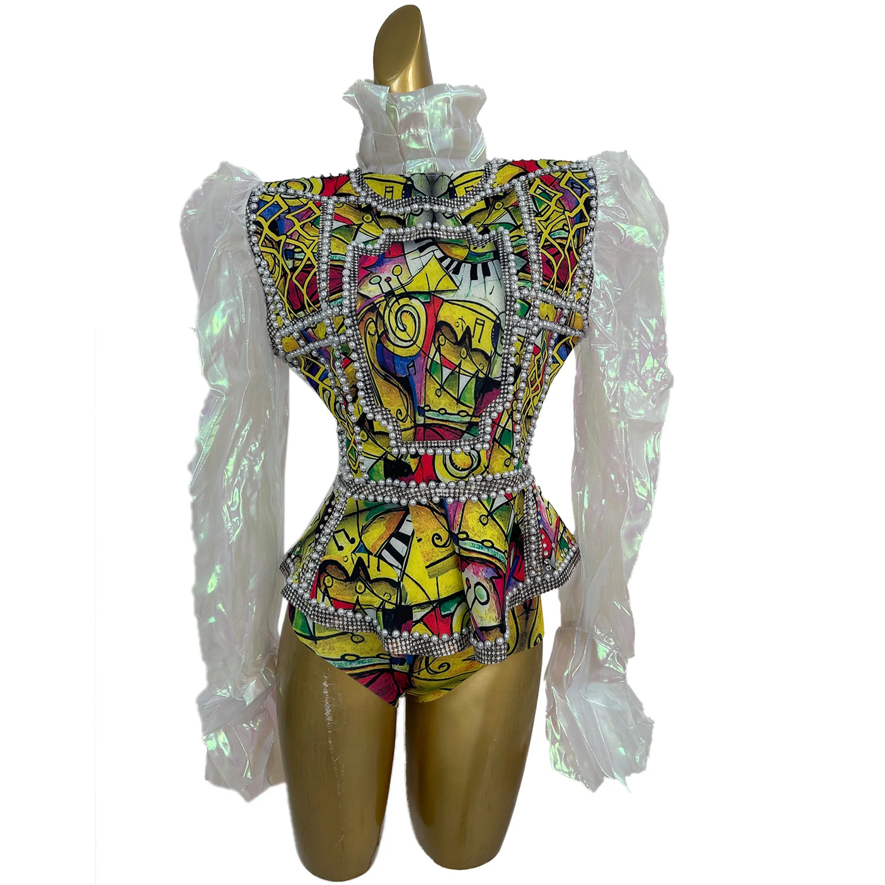 

Chouxiang Elegant Women Shorts Set Palace Style Bubble Sleeves Waist Cinching Printed Pearl Top Birthday Cocktail Dress
